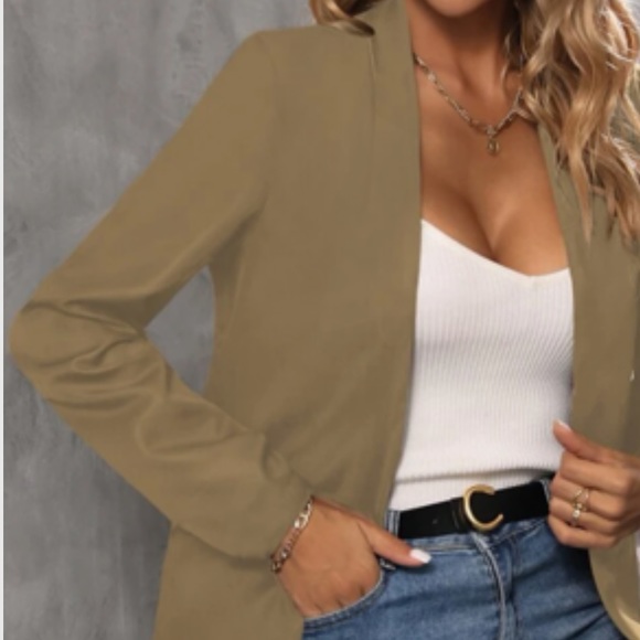 Classic khaki business casual open front blazer - Picture 8 of 16